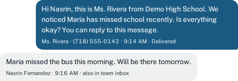 Sample text thread: a staff member checks in and the parent replies that the student missed the bus.
